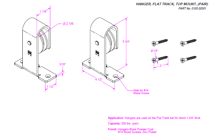 Series 105 Top Mount Flat Track Hanger (Pairs)